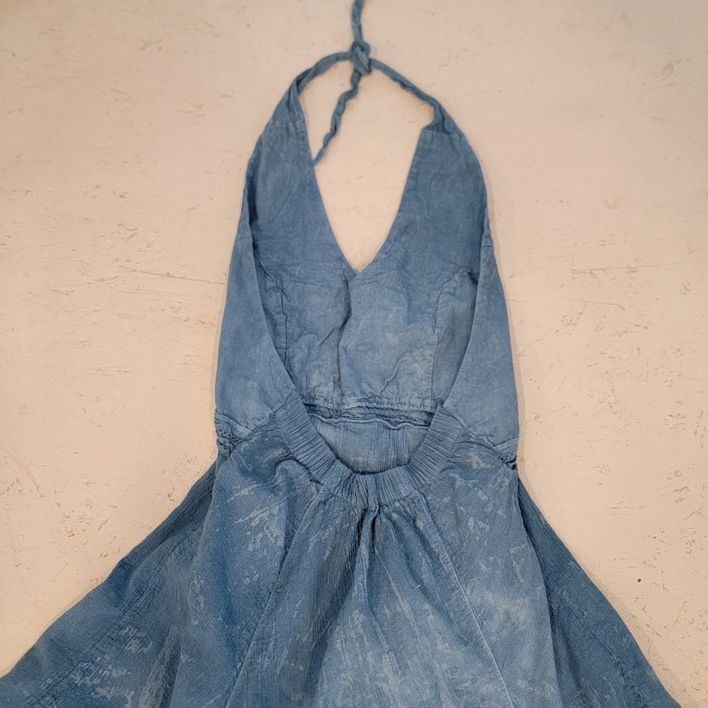 Blue Tye-Dyed Halter Dress With Embroidery - Picture 6 of 6